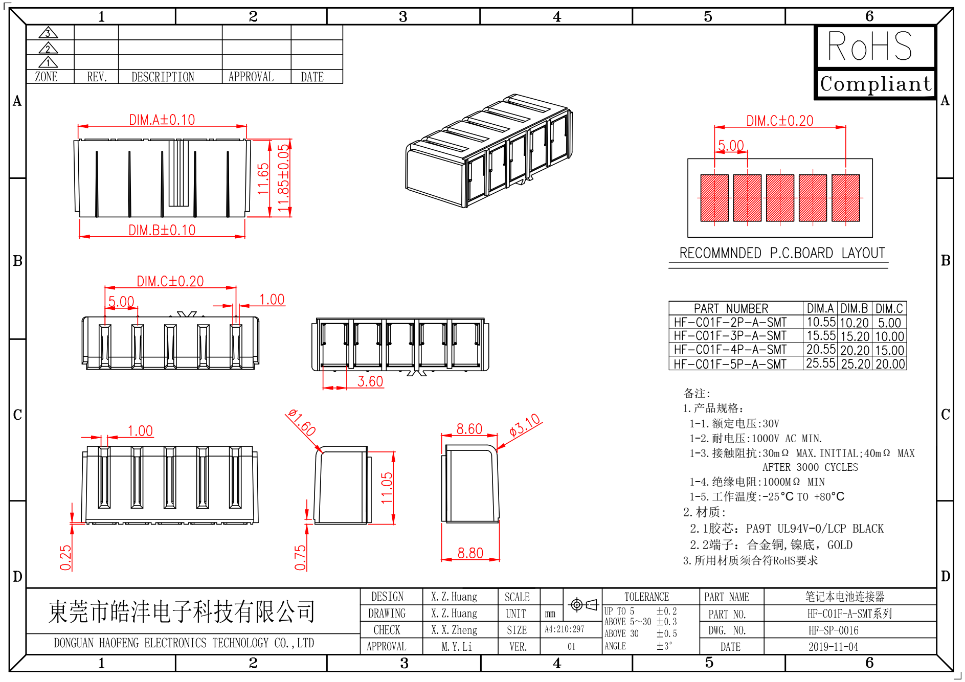 C01F-A-5P-SMT 2P-5P系列母座5.0间距刀片式大电流镀金笔记本电池